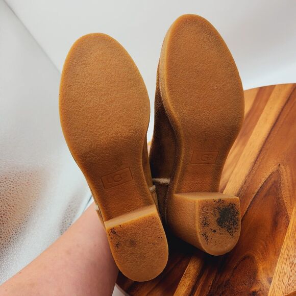 UGG Womens 8 Kasen Brown Suede Ankle Boots Booties Sheepskin Lined Block Heel - Picture 8 of 11
